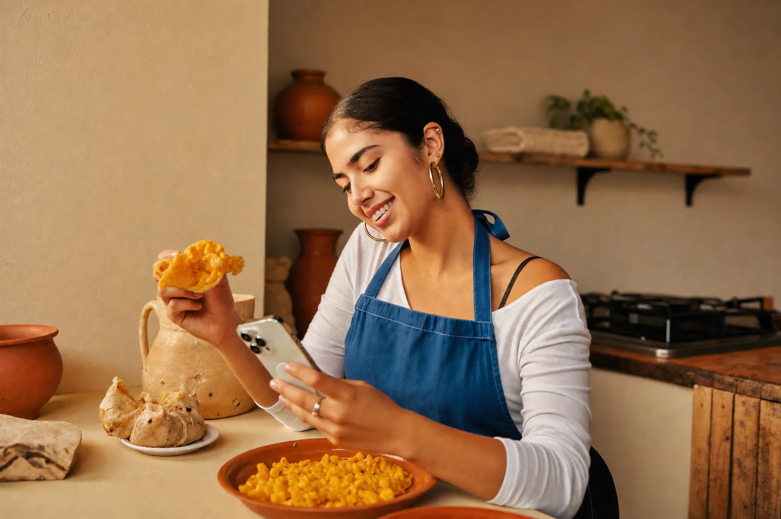 Emprendedora venezolana revisando un pago en su teléfono mientras prepara arepas